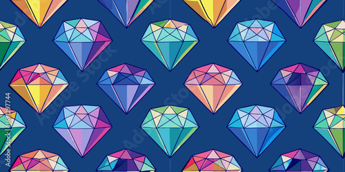 A seamless pattern of colorful diamonds with geometric facets on a dark blue background repeated design