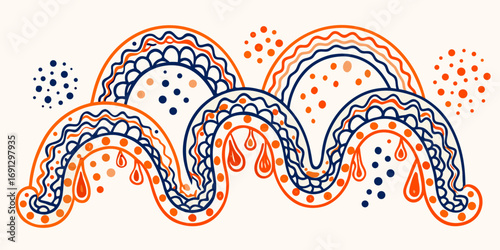 Stylized wavy lines with orange and blue details and scattered dots on a cream colored background design