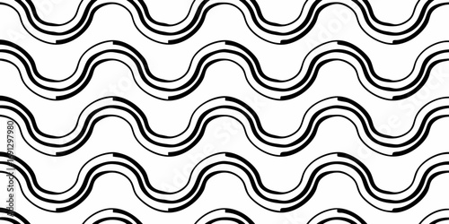Black wavy lines pattern on white background creating a seamless repeating design with a minimalist aesthetic