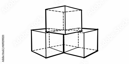 Illustration of three stacked cubes with visible edges and dashed lines on a white background