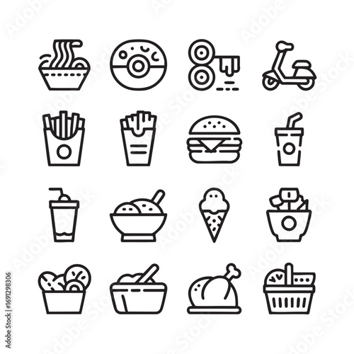 Set of Delicious Fast Food and Drink Icons for Culinary Concepts