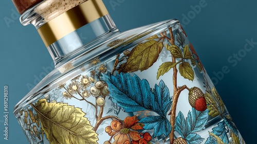 Blank botanical gin bottle template for craft distillery. Packaging design mockup. Premium spirits