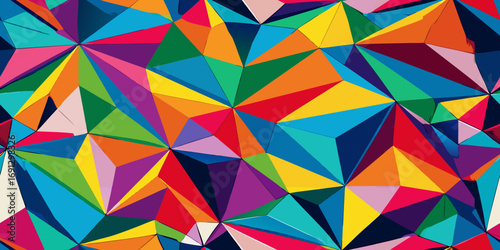 Colorful geometric pattern with triangular shapes forming a mosaic of vibrant colors and sharp edges design