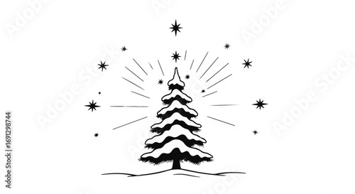 Whimsical snow-covered evergreen tree glows with festive starry light