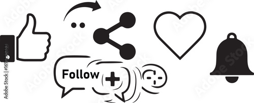Social Media Icons Including Thumbs Up Like Share Follow Bell and Heart vector illustration