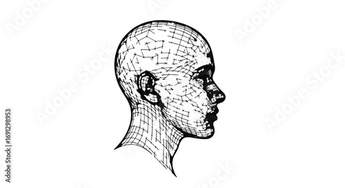 Human head profile composed of a digital grid network isolated on a white background representing modern intelligence and technical thought for use in educational or data science projects.