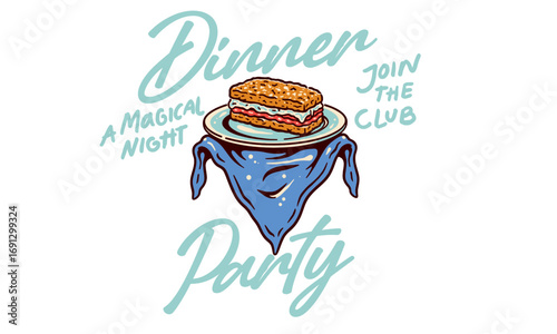 Retro illustration of a sandwich for a dinner party. Vintage artwork with Magical Night quote for t shirt print, invitation