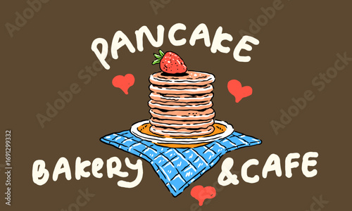 Vintage illustration of a stack of pancakes with a strawberry. Retro artwork for a pancake bakery and cafe menu, t shirt print