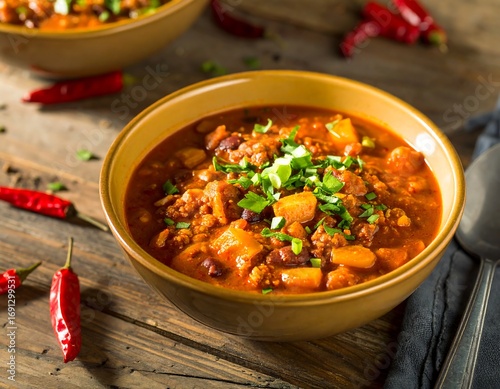 Hearty chili in a bowl on a wooden table