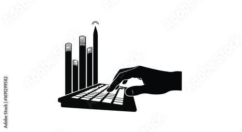 Creative hand composing music on a digital keyboard with sound waves emanating