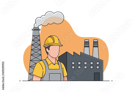 Illustration of a worker standing in front of a factory with smokestacks against a light orange background
