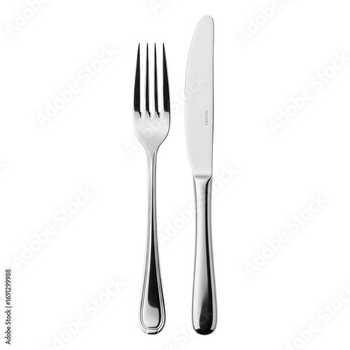 Fork and knife silverware set on white background.