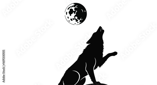Silhouette of a wolf howling at the full moon under a clear night sky.