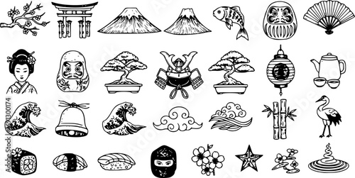 Japanese Doodle Set. Hand Drawn Traditional Japanese Design Elements and Vector Illustrations