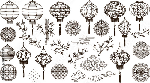 Set of Hand Drawn Oriental Elements. Traditional Asian Lanterns and Decorative Pattern Vector Illustrations