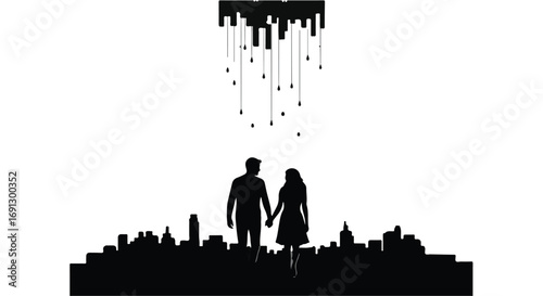 Couple holding hands against a stylized cityscape at night