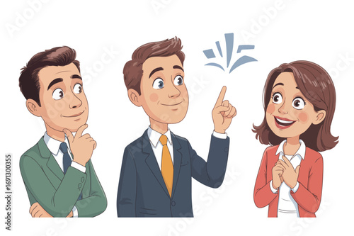 Cartoon illustration of business people in a meeting, with one man sharing a brilliant idea with his enthusiastic colleagues