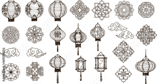 Set of Hand Drawn Oriental Elements. Black Mandala and Traditional Asian Design Vector Illustrations