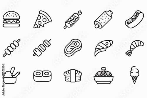 Collection of outline icons representing various delicious food items and fast food, including burgers, pizza, sushi, and ice cream