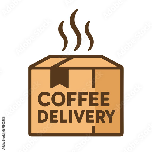 Coffee delivery box icon in vector style, brown colors, hot drink takeaway and shipping concept on white background