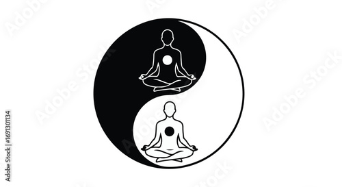 Meditating figures find inner peace within the balanced Yin Yang symbol.