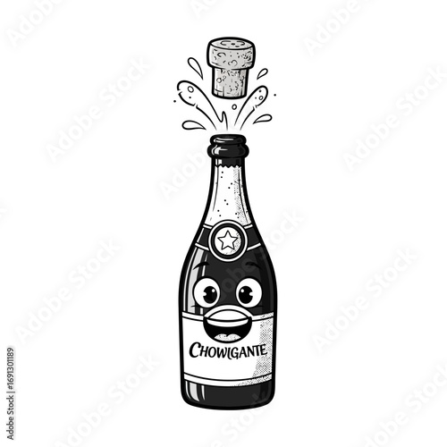 Cartoon Champagne Bottle Popping Cork with Face