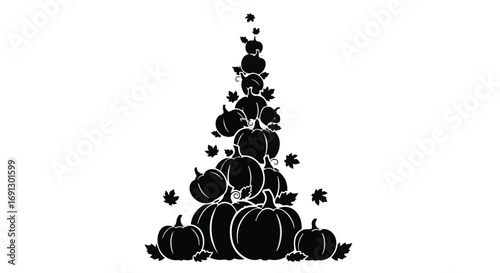 A festive silhouette of stacked pumpkins and autumn leaves forms a whimsical harvest tree