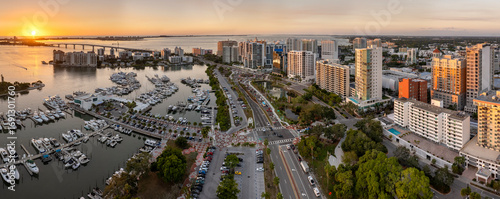Εκτύπωση καμβά Sarasota, Florida city downtown at sunset with expensive bayfront high-rise buildings