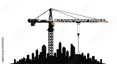 Towering construction crane silhouetted against a city skyline, symbolizing progress and development.