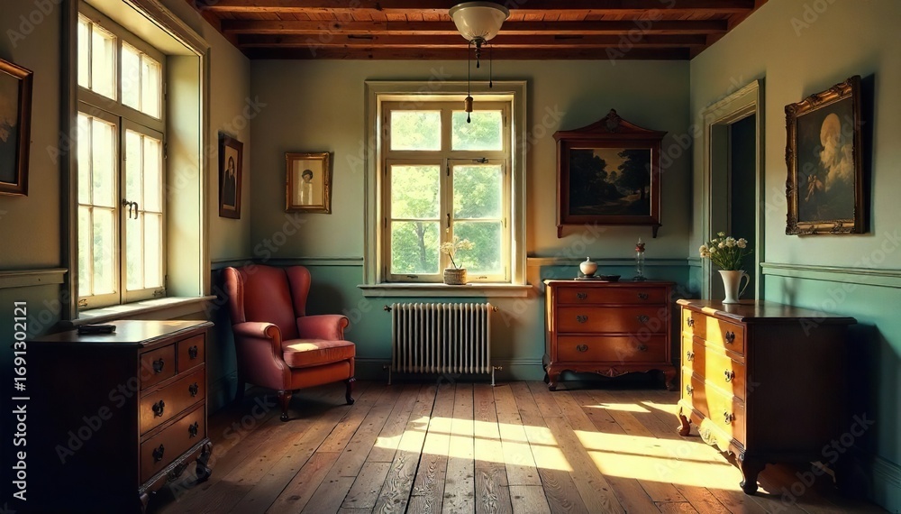 Fototapeta premium Cozy vintage house interior, sunlight streaming through windows illuminating aged wooden floors and furniture A sense of calm and nostalgia pervades the space , home staging, aged