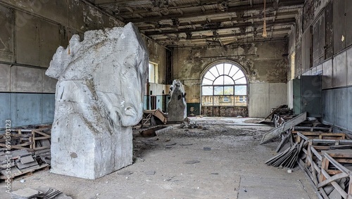 Deserted warehouse hall, dust-covered open space, large arched window. Eerie horse heads fake foam sculptures. Abandoned derelict artistic loft. Classical gothic architecture interior decay atmosphere