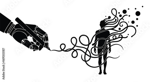 Robotic hand drawing a creative connection with a human silhouette