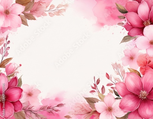 floral pink boarder frame with white copy space background watercolour style