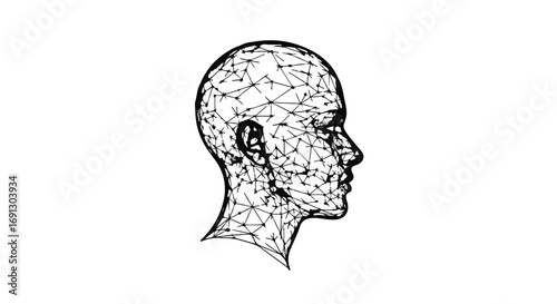 Abstract digital representation of a human head with interconnected lines and nodes, symbolizing data and artificial intelligence.