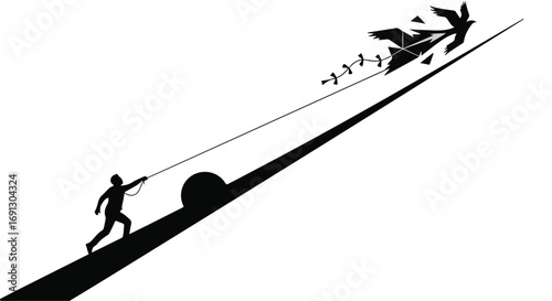 Person struggling to control a kite shaped like birds on a steep incline