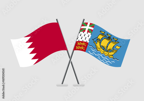 Bahrain and Saint Pierre and Miquelon vector flags on clean light-gray vector field