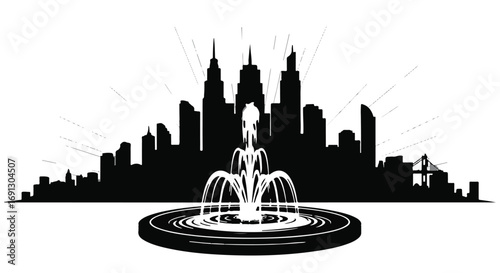 Elegant fountain centerpiece with modern city skyline silhouette at sunset