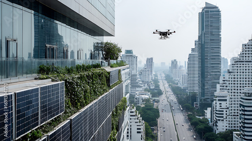 Drone Flies Over Urban Skyline with Solar Panels and Green Walls