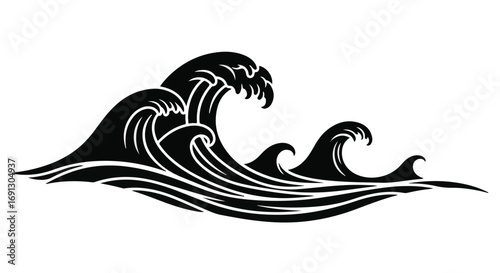 Ocean wave crashing with decorative fluid motion lines captured as a black silhouette isolated on a white background for maritime themes and water sports advertising design projects.