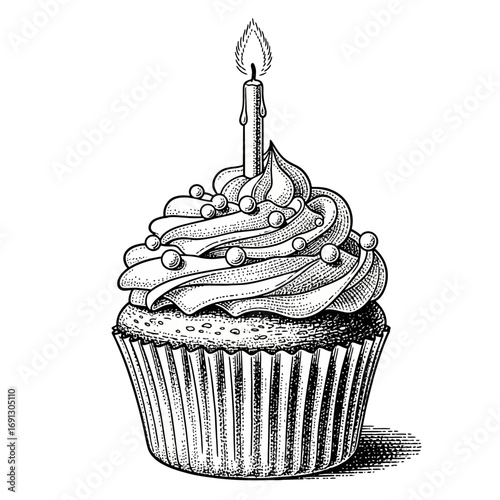 Delicious Birthday Cupcake with Swirled Frosting and Candle