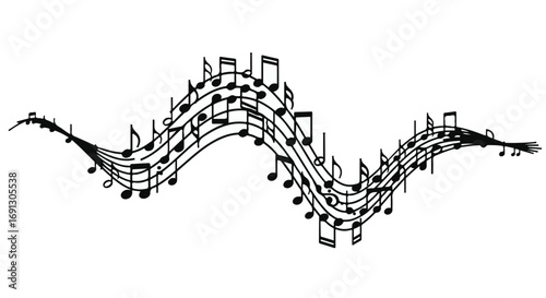 Dynamic flowing musical notes creating a wave of sound and rhythm