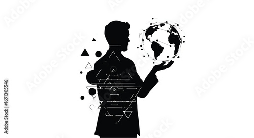 Silhouette of a man holding a glowing digital globe, symbolizing global connection and technology.