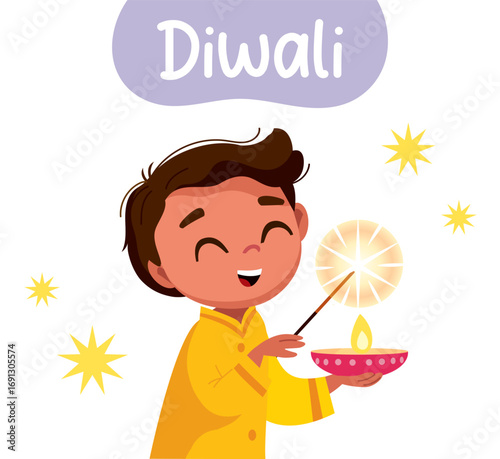 A joyful Indian boy celebrates Diwali, the Hindu Festival of Lights, holding sparkling sparklers and traditional earthenware diva lamps, his face lit with happiness.