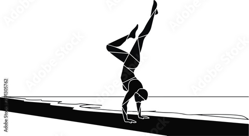 Graceful gymnast performs a dynamic handstand on a balance beam, showcasing strength and artistry.