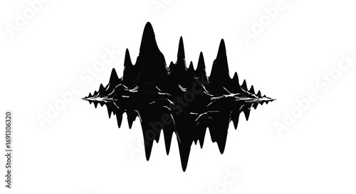 Dynamic black ferrofluid sculpture creating sharp, abstract peaks and valleys on a white background.
