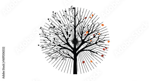 Abstract tree with radiating lines symbolizes growth and change with hints of autumn
