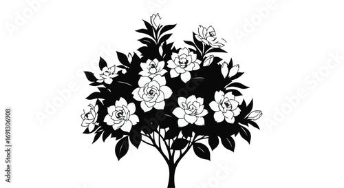Elegant black and white illustration of a blooming gardenia bush with delicate flowers and lush leaves.