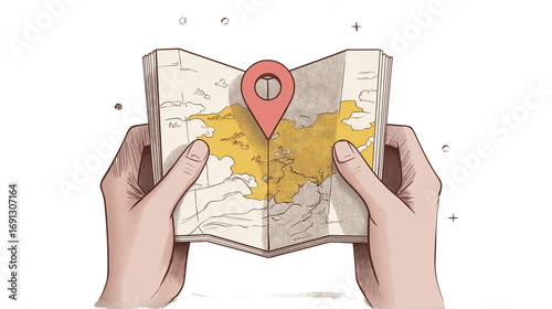 Hands holding open a folded map with a prominent location marker, representing travel planning