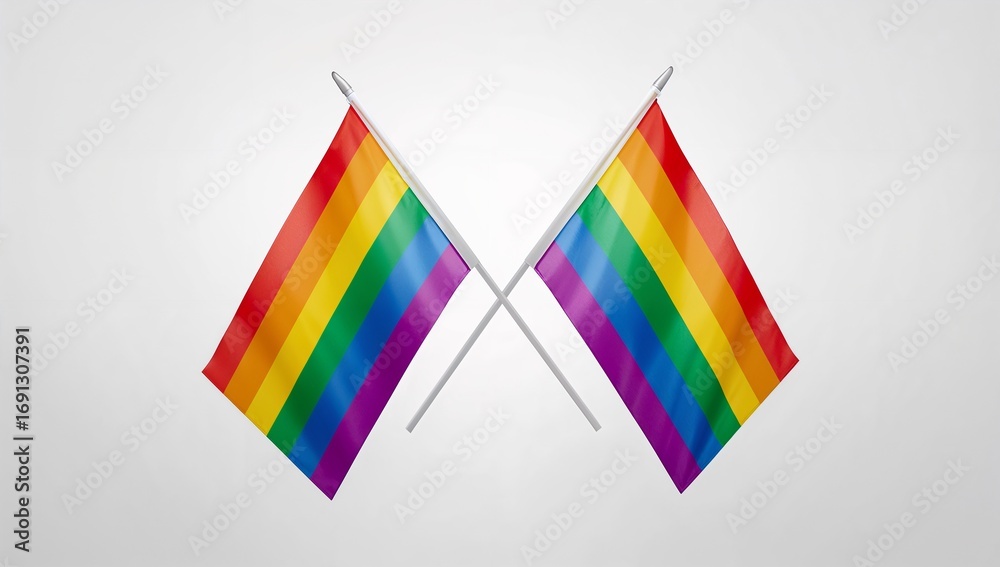 Fototapeta premium Two rainbow flags crossed together on white background.