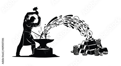 Blacksmith crafts coins and ideas from glowing metal on anvil, symbolizing wealth creation and innovation.